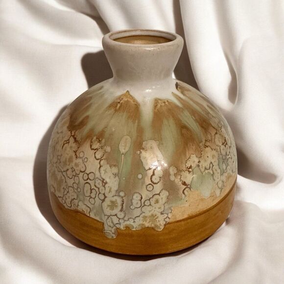 Studio Art Pottery Vase 8"x7" – Earth Tone Crystalline Glaze Handmade Ceramic - Picture 1 of 9